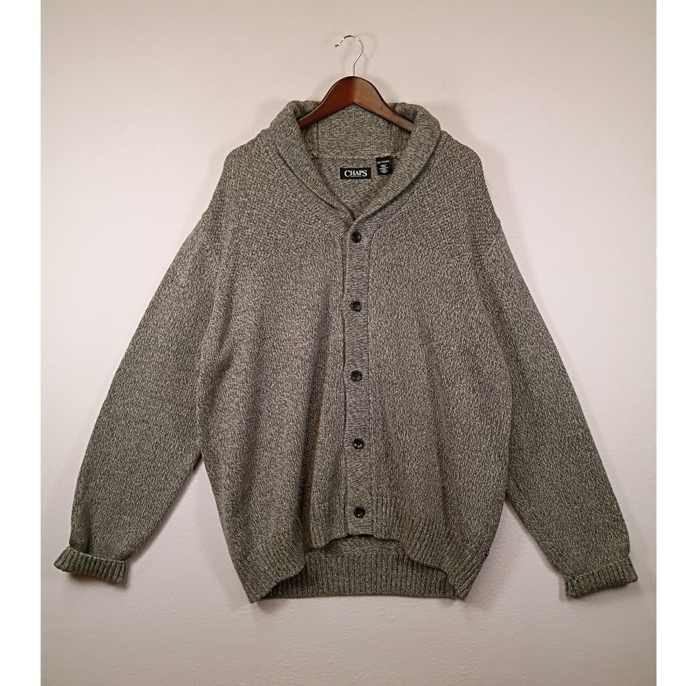 Grandpa Core Chaps Mens XXL Grey Marled Shawl Collar Button Cardigan Sweater